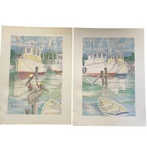 Paul Brent Vintage Painting Gravure Pelicans at the Marina /At Dock Leona Mae
